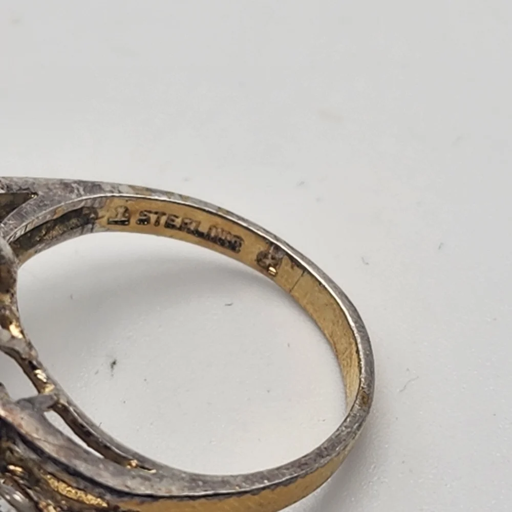 Vintage JL Gold Plated Sterling Silver Pink & Clear Crystal Ring (6.5)